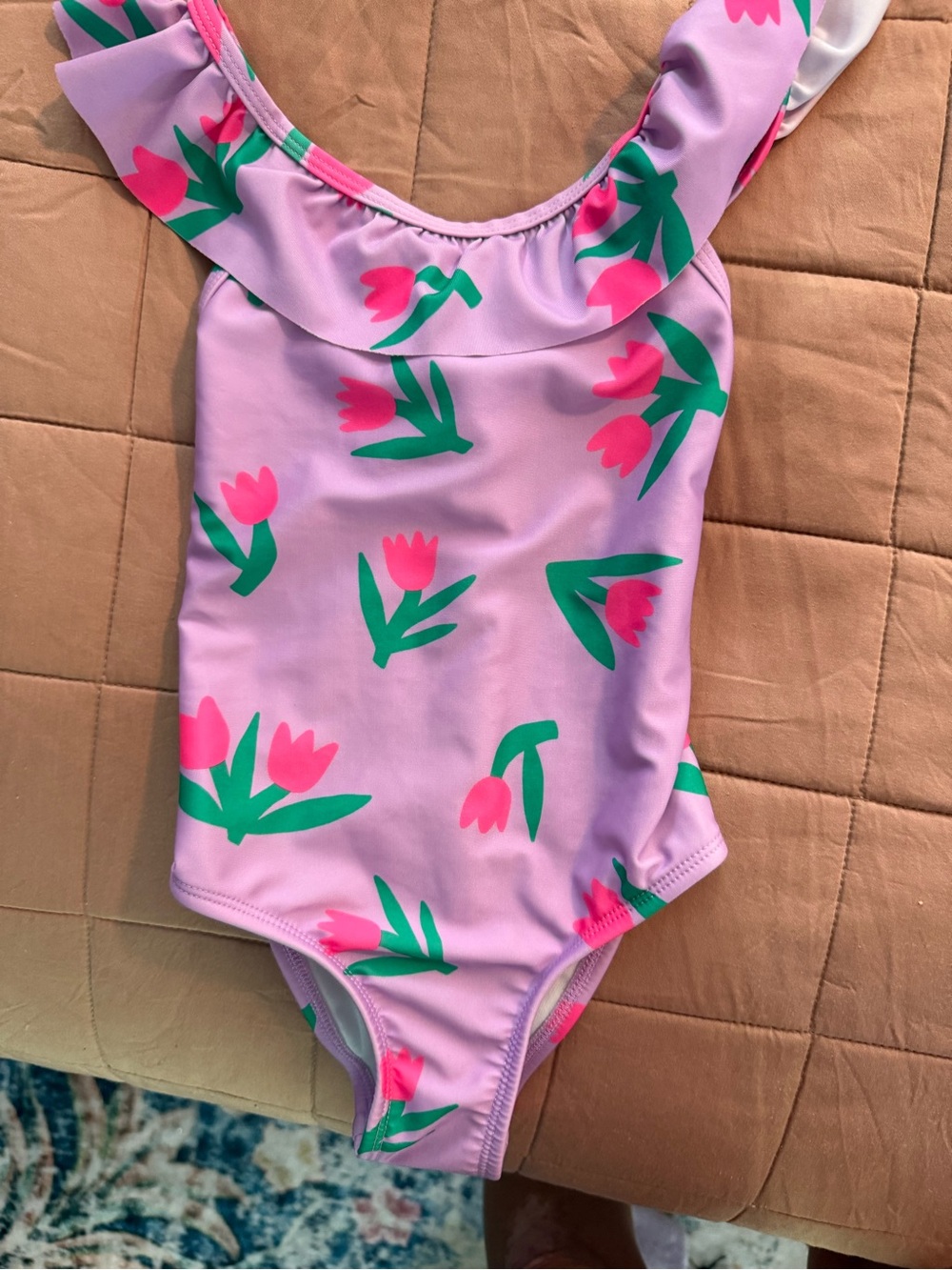 Cat & Jack Lavender One-Piece Swimsuit with Pink & Green Tulips